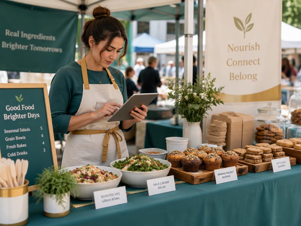 Market pop-up food vendor checking product costs on a tablet beside her menu